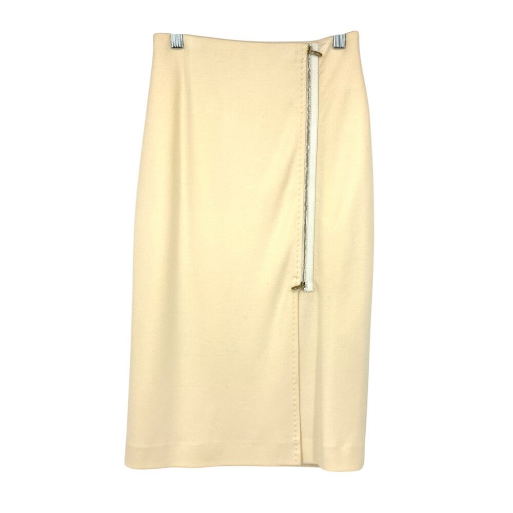 MaxMara Wool Midi Pencil Skirt US XS Cream Exposed Zipper Minimalist *ALTERED